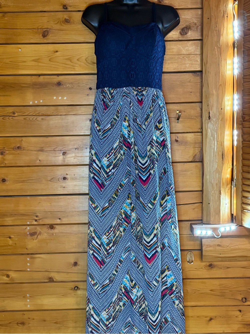 Lily Rose Mixed Media Maxi Dress Navy Blue Lace Bodice Geometric Chevron Ikat - Picture 7 of 9